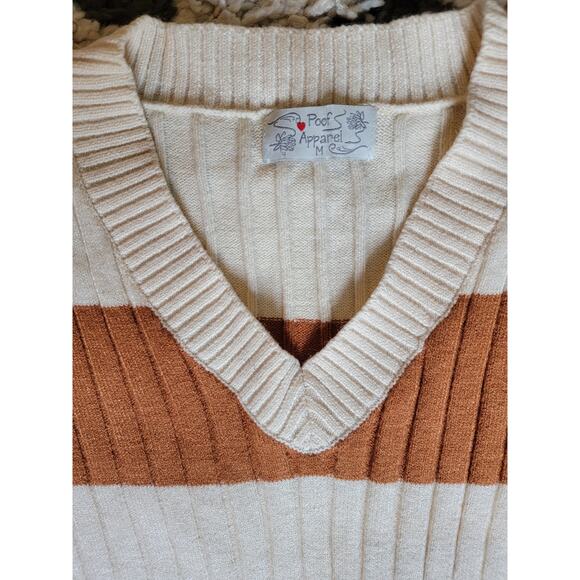 Poof Apparel Ribbed Earthy Striped VNeck Super Soft Pullover Fall Sweater Size M - Picture 2 of 5